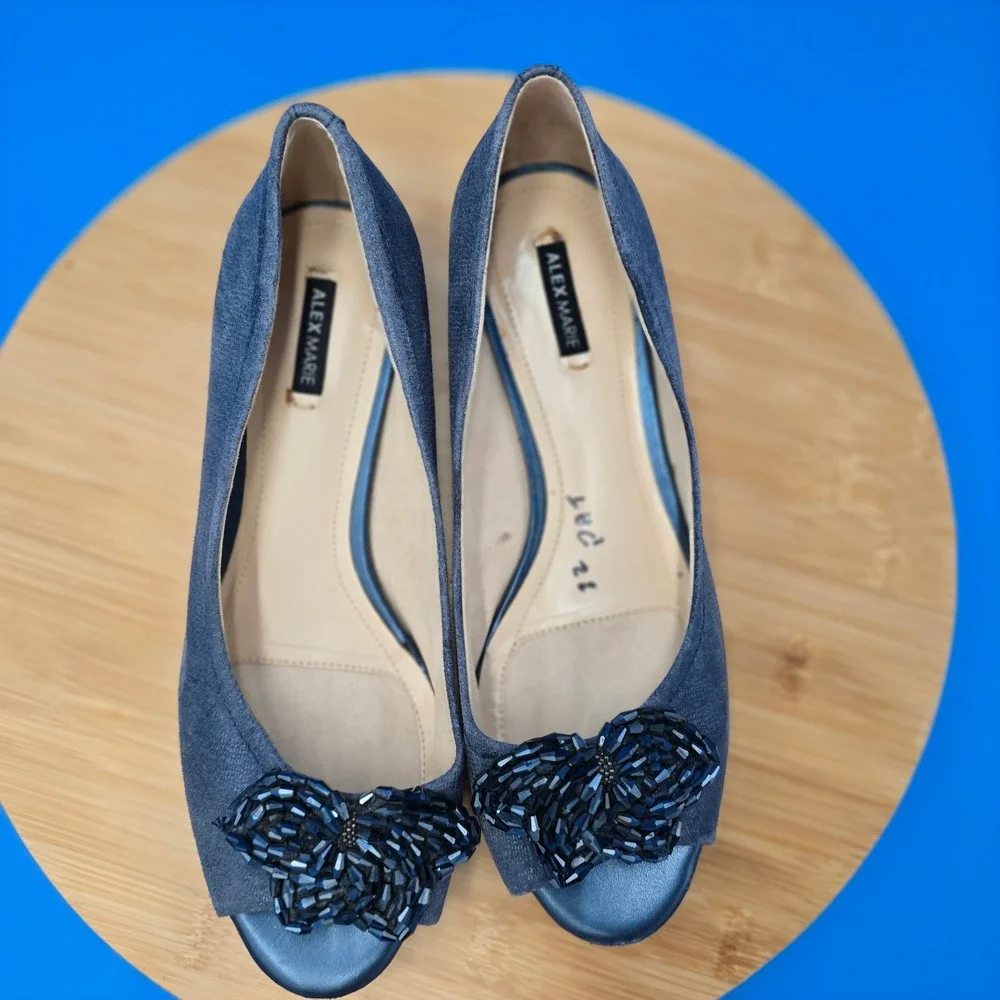Alex Marie Peep Toe Wedge Flats Embellished Blue‎ Suede Women's Size 8.5M